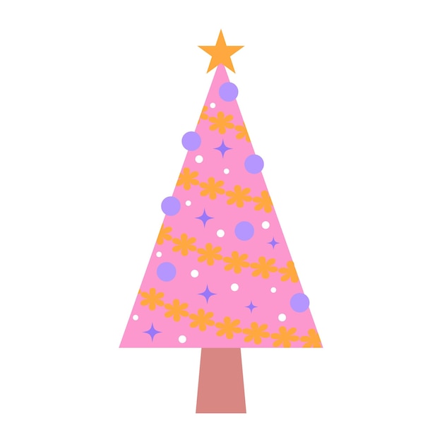 Vetor Árvore de natal cor-de-rosa árvore de natal decorada em pastel com bolinhas e guirlandas