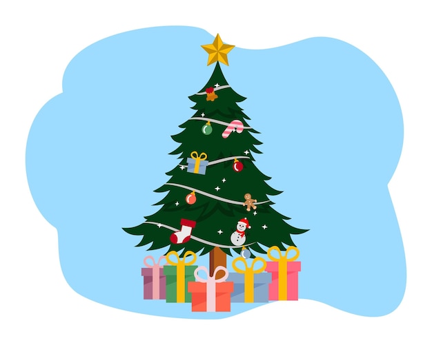 Árvore de Natal de desenho animado com decorações de Natal