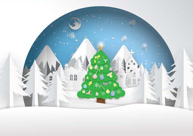 Árvore de natal de Grenn e cidade branca, feliz natal, feliz ano novo