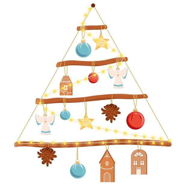 Vetor Árvore de natal de parede feita de varas de madeira, corda com brinquedos, artesanato de ano novo, elementos de design rústico