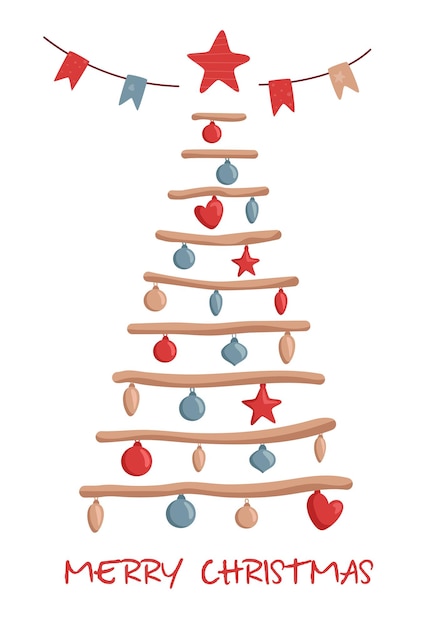 Árvore de natal decorada de forma minimalista em estilo escandinavo com estrela, bolas decorativas e grinalda. conceito de feliz natal.