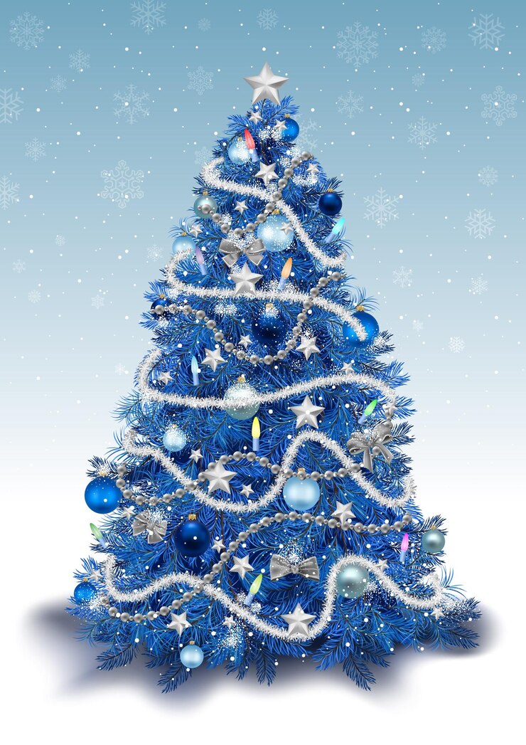 Vetor árvore de natal decorada em tons de cor azul com fundo com neve caindo