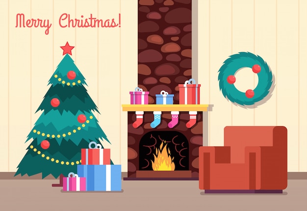 Árvore de Natal e lareira. Sala de estar com presentes na lareira. Feliz ano novo e inverno férias vector cartoon cartão