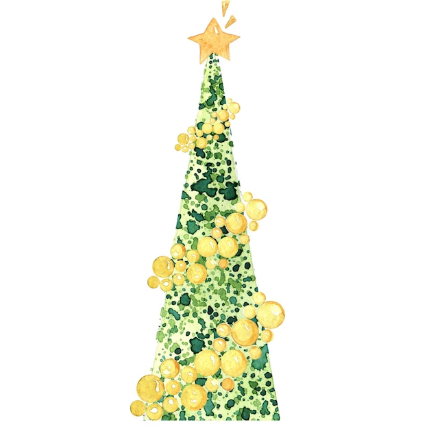 Árvore de natal em aquarela. mão-extraídas ilustração de abeto de ano novo decorado com bolas douradas.