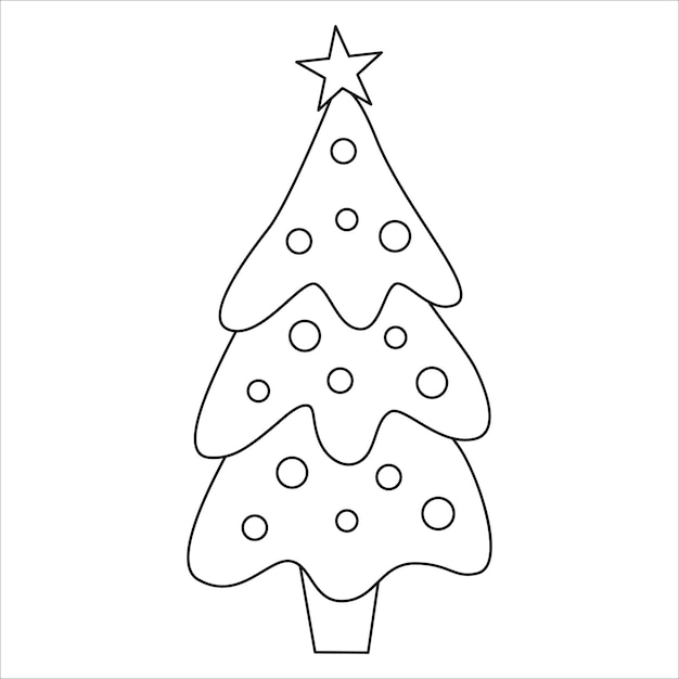 Árvore de natal em preto e branco vetorial com estrela no topo isolada no fundo branco linha engraçada bonita ilustração do símbolo do ano novo contorno do natal planta de inverno página para colorir