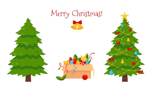 Árvore de Natal, enfeites na caixa e árvore de natal decorada isolada.
