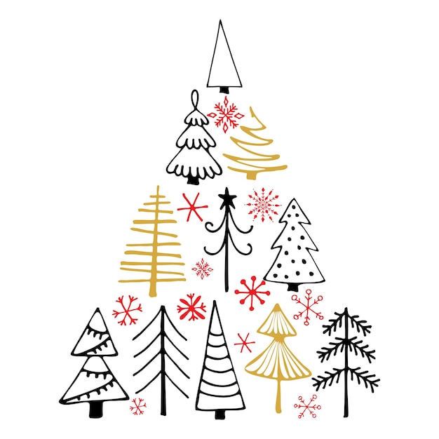 Árvore de natal feita de árvore de natal desenhada à mão e floco de neve em um branco design gráfico para o ano novo