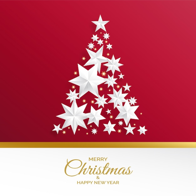 Árvore de Natal feita de estrelas de prata sobre fundo vermelho.