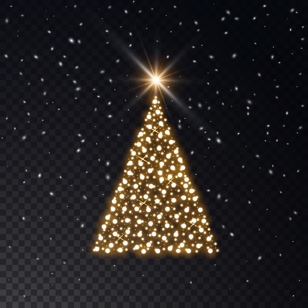 Árvore de natal feita de luzes douradas em um fundo transparente.