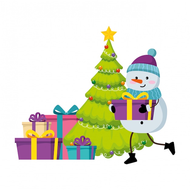 Árvore de natal feliz com presentes e boneco de neve