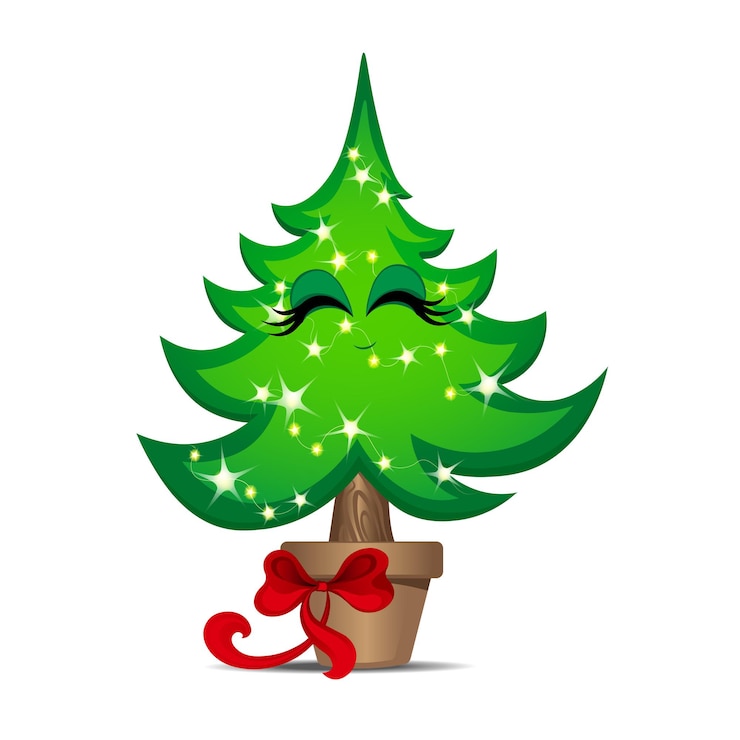 Vetor árvore de natal feliz em uma panela com laço vermelho, decorada com luzes de natal