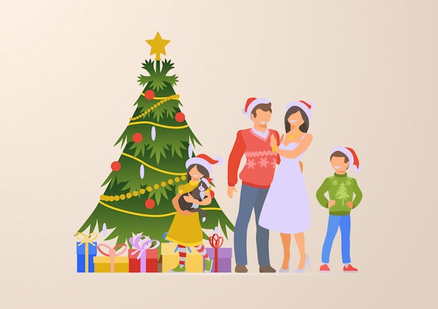 Árvore de natal feliz plana árvore e caixas de presente ilustração vetorial.