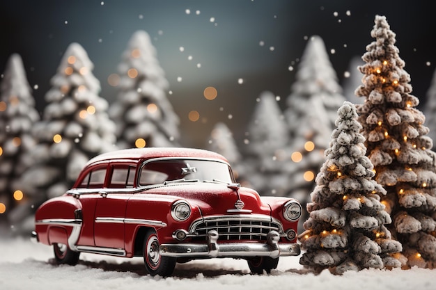 Árvore de natal no porta-malas vermelho de um carro de brinquedo luzes brilhantes de neve ilustração 3d