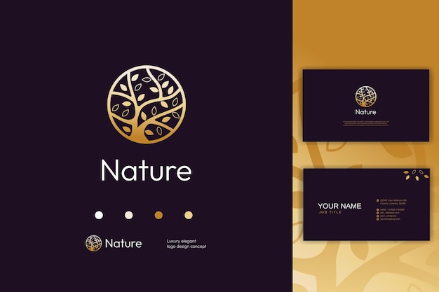 Árvore de ouro deixa natureza arredondada design de logotipo com cartão de visita