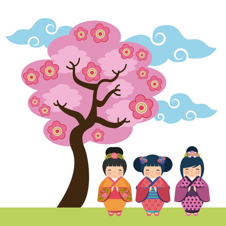Vetor árvore-de-rosa e ícone bonito meninas japonesas
