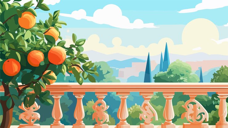Vetor árvore frutífera de verão ensolarado atrás da balaustrada