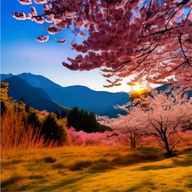 Vetor Árvore rosa sakura flores florescendo galhos contra o pano de fundo do céu da montanha na paisagem da primavera ao amanhecer