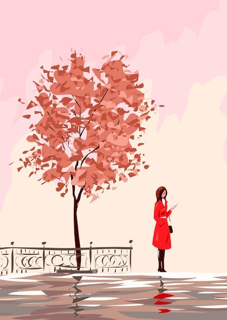 Árvore solitária do outono e uma garota de casaco