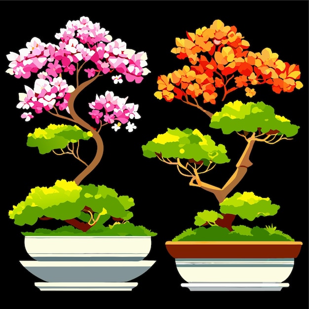 Vetor Árvores de bonsai japonesas cultivadas em contêineres ilustração vetorial