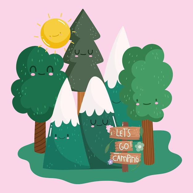 Árvores de floresta em montanhas nevadas acampando e placa de sinalização guia no design de estilo cartoon