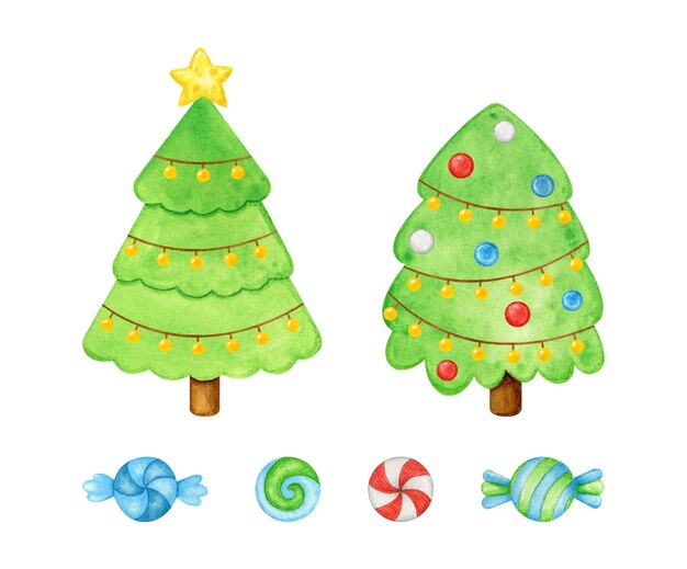 Árvores de natal decoradas e doces pintados à mão em aquarela | Vetor Premium Árvores de natal decoradas e doces pintados à mão em aquarela | Vetor Premium