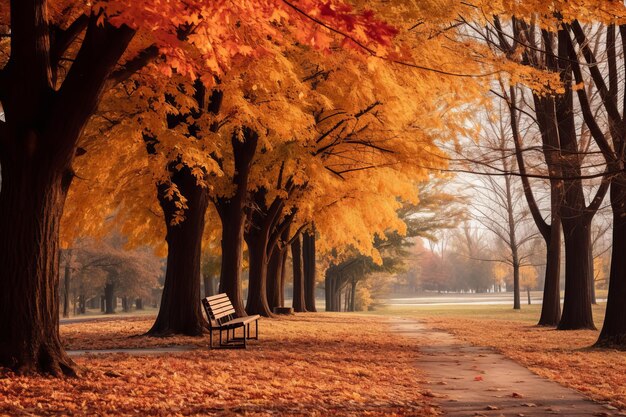 Vetor Árvores de outono alinham o caminho em um parque com um banco