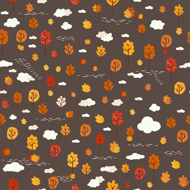 Árvores de outono coloridas e padrão sem costura de nuvens no fundo branco