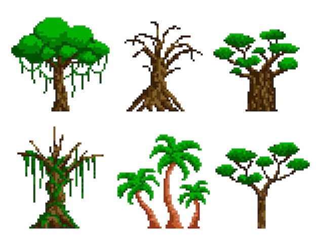 Vetor Árvores de pixel verdes um grande carvalho com uma palmeira tropical e um pinheiro alto savanna baobab