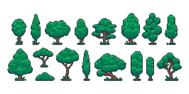 Árvores de pixels desenhos animados 8 bits jogo retrô natureza planta e ambiente objeto videogame sprite ativo vector floresta paisagem elementos isolado conjunto
