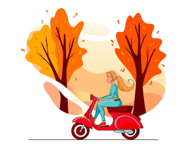 Vetor árvores do parque outono e uma garota em uma scooter vermelha. estilo de desenho animado. para design e decoração.