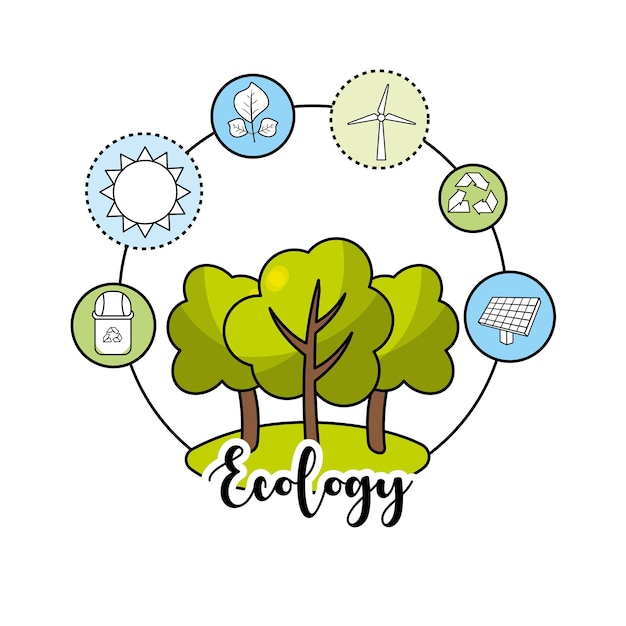 Vetor Árvores ecológicas com ícones de cuidados ambientais
