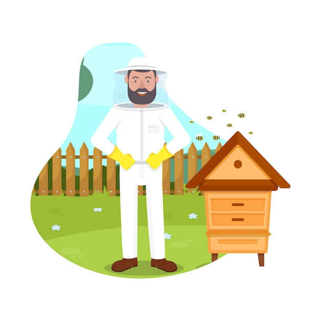 Vetor as abelhas voam perto de apicultor. colmeia no apiário. ilustração