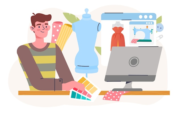 As costureiras criam coleções de roupas de design de moda em máquinas de costura e modelos planos.