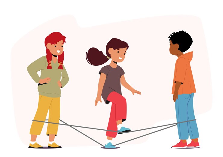 Vetor as crianças brincam com gummitwist usando uma longa faixa elástica esticada entre duas pernas de jogadores personagens saltam e executam footwork intrincado criando padrões divertidos e desafiadores ilustração vetorial de desenhos animados