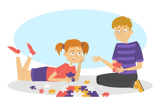As crianças brincam de jogo de tabuleiro. dois amigos se divertem. menina e menino colecionam quebra-cabeça. ilustração em estilo cartoon