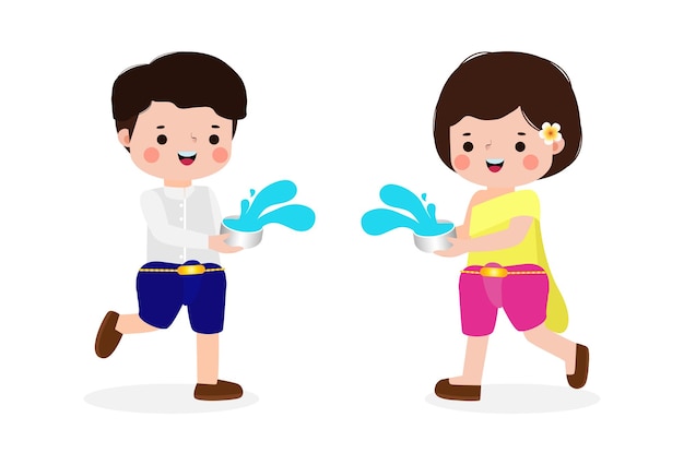 As crianças do festival Happy Songkran dos desenhos animados segurando uma pistola de água e uma tigela de água gostam de espirrar água em tailandês