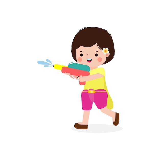 As crianças do festival happy songkran dos desenhos animados segurando uma pistola de água e uma tigela de água gostam de espirrar água em tailandês