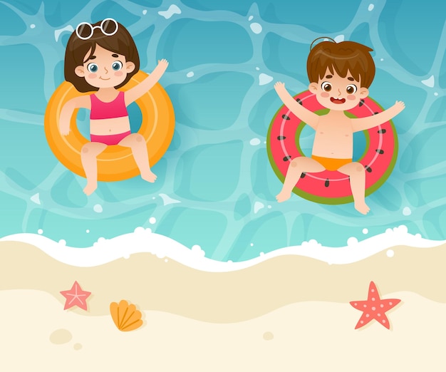 As crianças dos desenhos animados nadam no mar no anel inflável Férias de crianças de verão na costa do mar