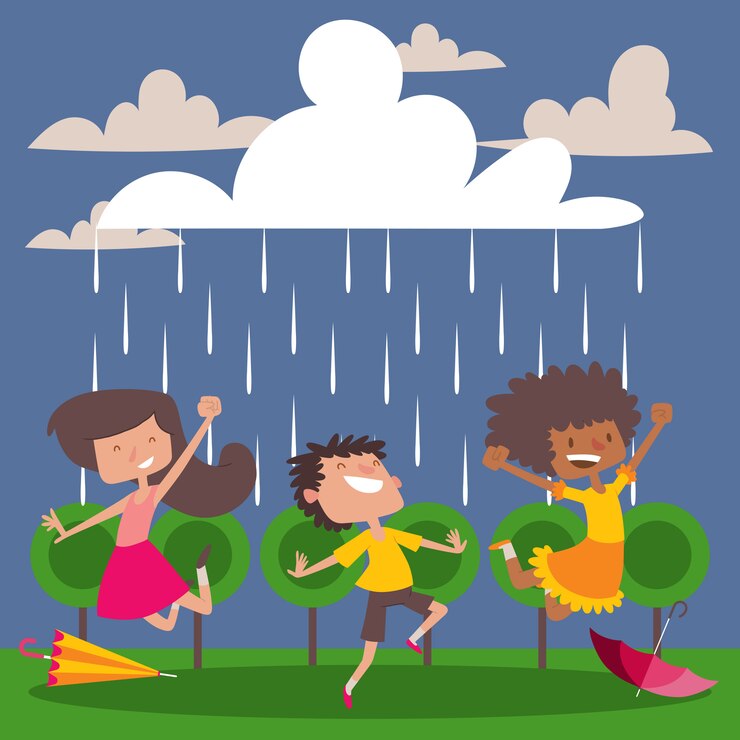 Vetor as crianças gostam da chuva personagens de desenhos animados crianças felizes dançando e pulando na chuva