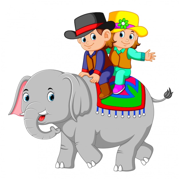 Vetor as crianças montam elefantes fofos feliz