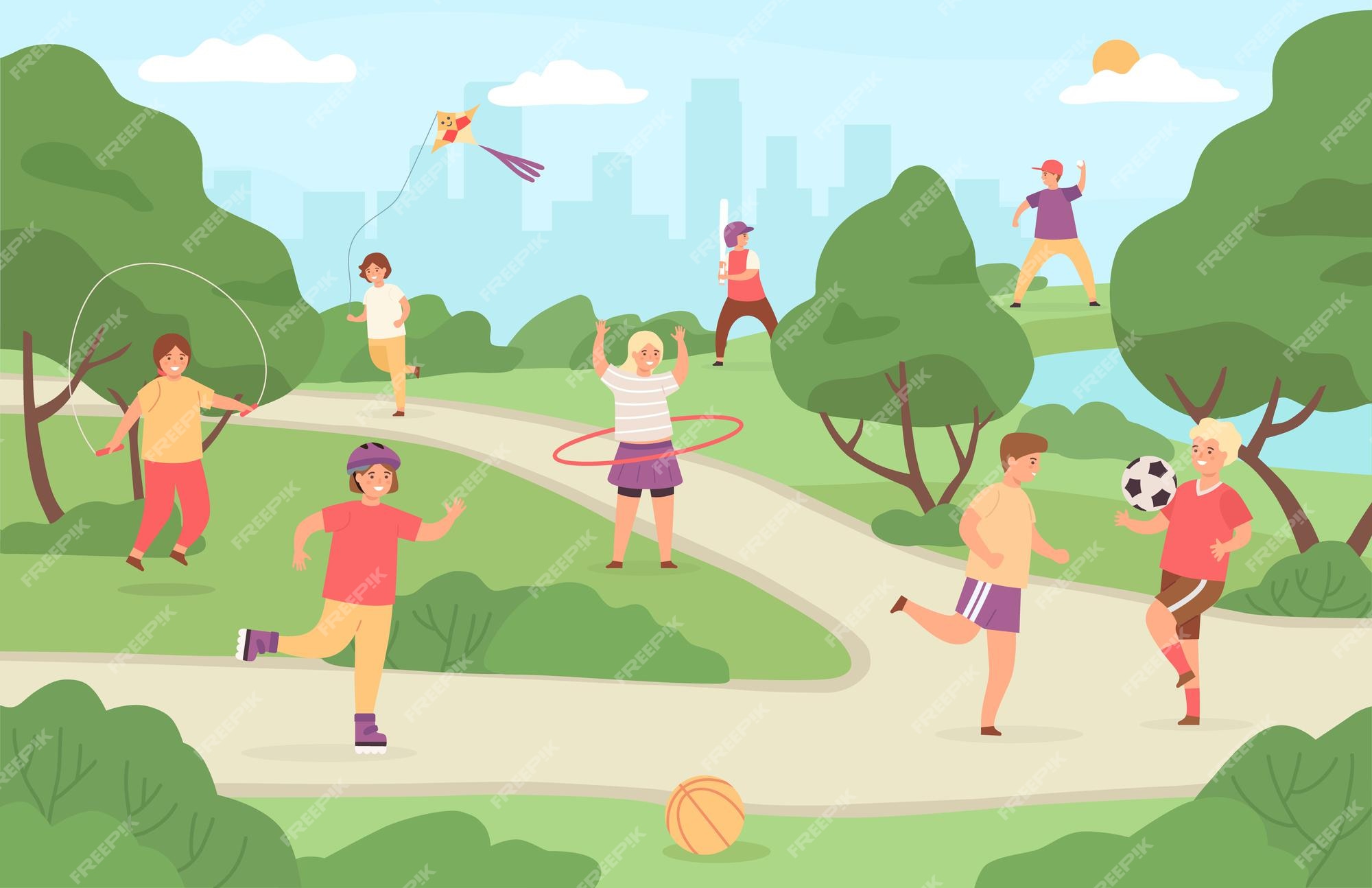 Esporte infantil ao ar livre. crianças no verão, atividades físicas ao ar  livre, jogos de parque para meninas e meninos bonitos, futebol, badminton e  pular corda. amiguinhos brincam juntos conceito de infância