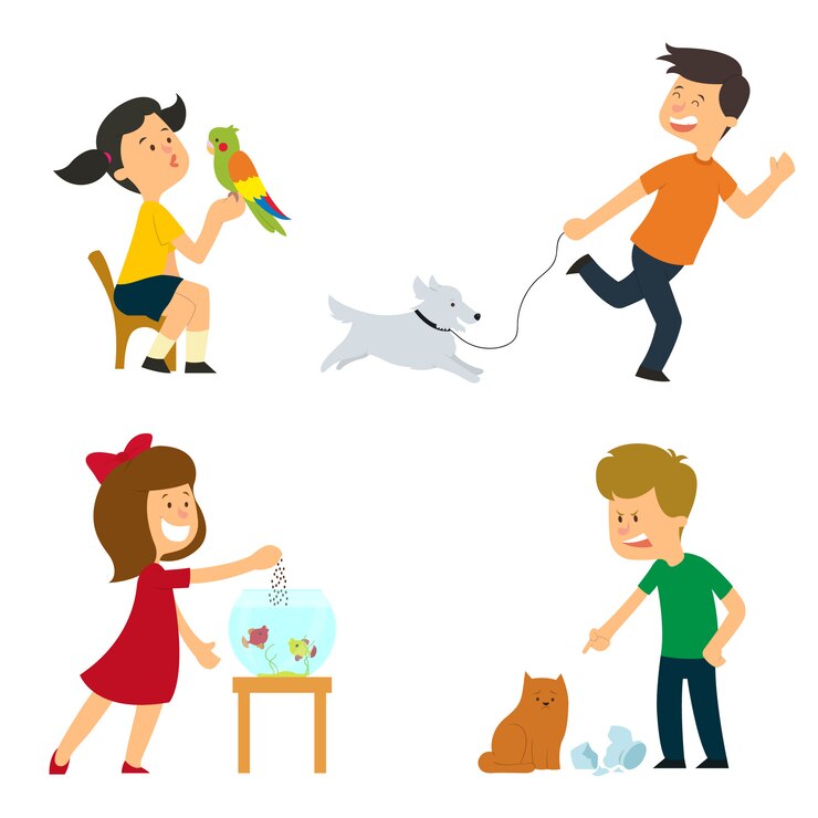 Vetor as crianças são cuidadas, treinadas e brincam com seus animais de estimação.