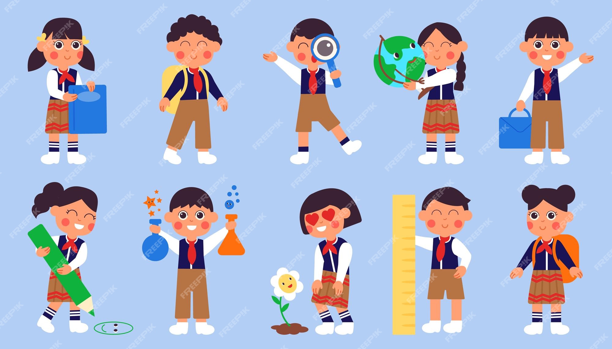 As crianças vão para a escola alunos de desenho animado kawaii crianças  fofas personagens de educação pré-escolar menino menina com roupa de livro  conjunto de vetores decentes de uniforme universitário