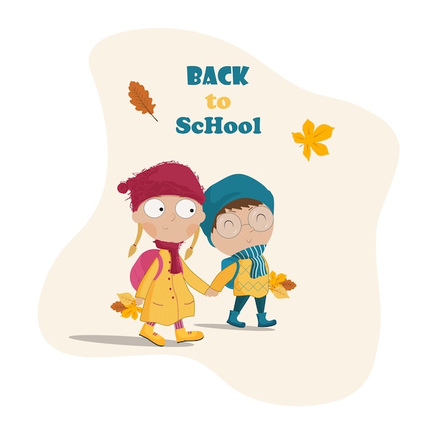 Vetor as crianças vão para a escola com mochilas e em um dia de outono, com chapéus coloridos