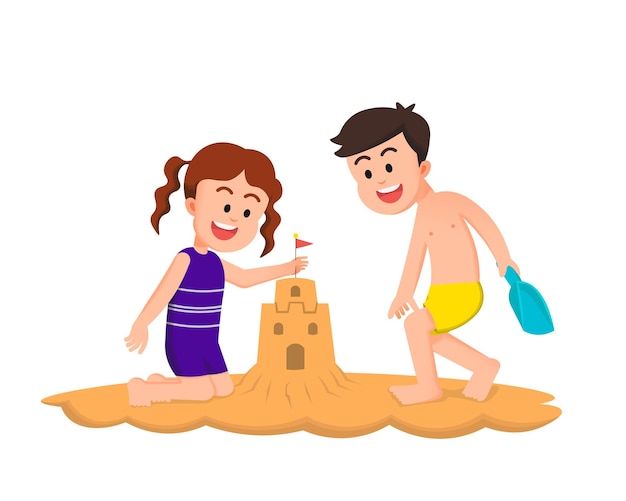 as criancinhas fazem castelos de areia juntos alegremente enquanto aproveitam as férias de verão
