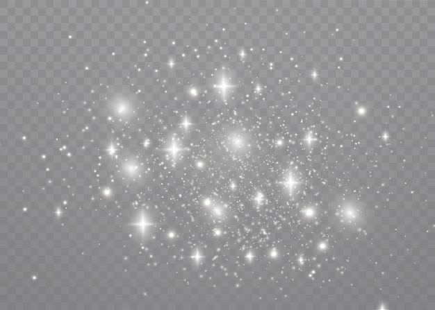 As faíscas de poeira e estrelas douradas brilham com uma luz especial. brilha em um fundo transparente. Efeito de luz de Natal. Partículas de poeira mágica cintilantes.