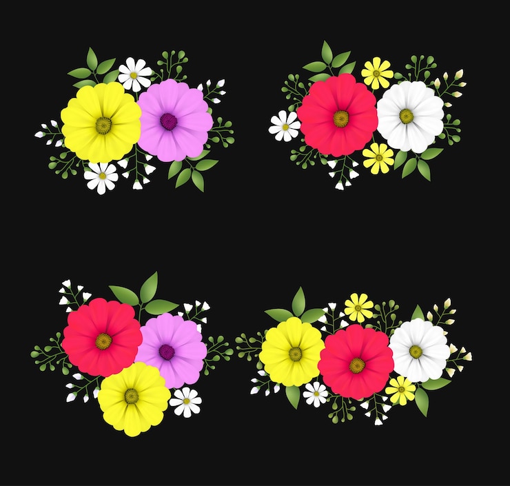 Vetor as flores da margarida deixam guirlandas com um conjunto de cores amarelas, brancas, vermelhas e roxas.