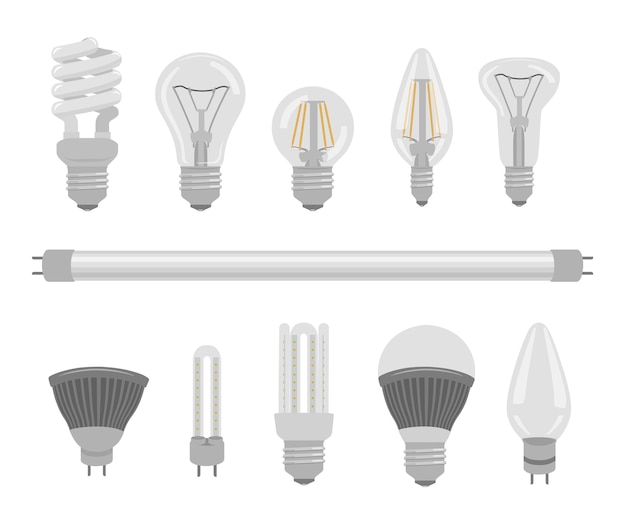 As lâmpadas definem diferentes tipos de lâmpadas com várias formas isoladas em fundo branco Lâmpadas incandescentes de economia de energia e lâmpadas CFL de halogênio