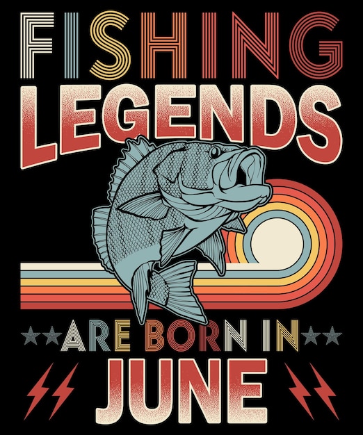 Vetor as lendas da pesca nascem em junho design de camiseta estilo vintage retrô