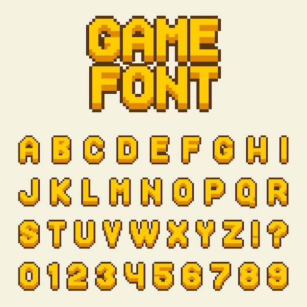 Vetor as letras e os números da fonte do alfabeto de pixel definem o videogame no estilo retrô de 8 bits. fonte ou tipo de letra moderno e elegante para design de título ou título como pôster, design de layout, jogo, site ou impressão